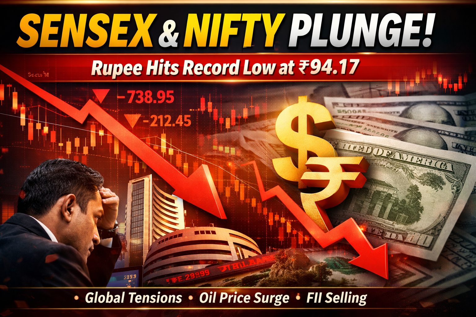You are currently viewing Nifty Falls at Pre-Open, Rupee Hits Record Low ₹94.17 | Stock Market Live