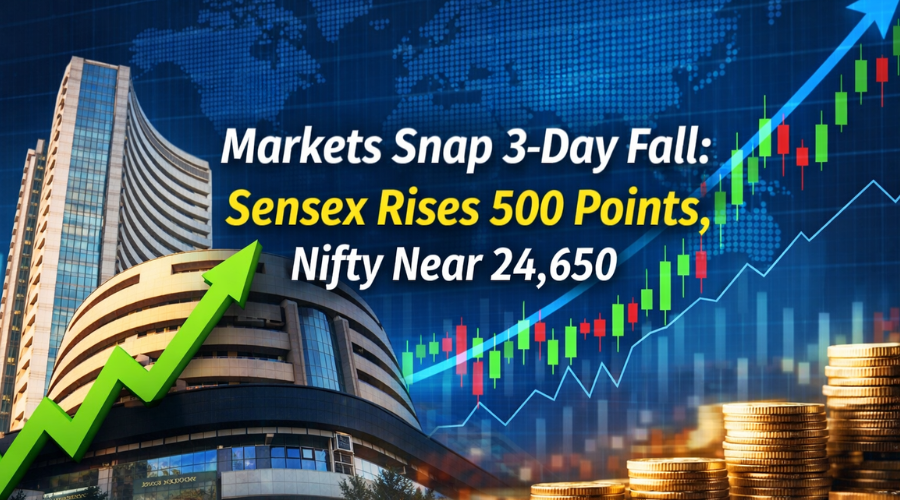 You are currently viewing Markets Snap 3-Day Fall: Sensex Rises 500 Points, Nifty Near 24,650