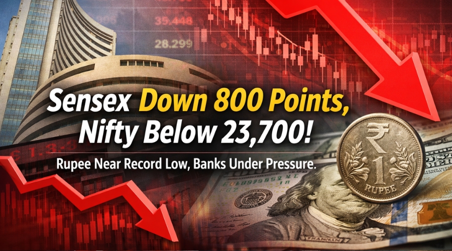 You are currently viewing Sensex Today: Sensex Falls 800 Points, Nifty Below 23,700 as Rupee Hits Record Low