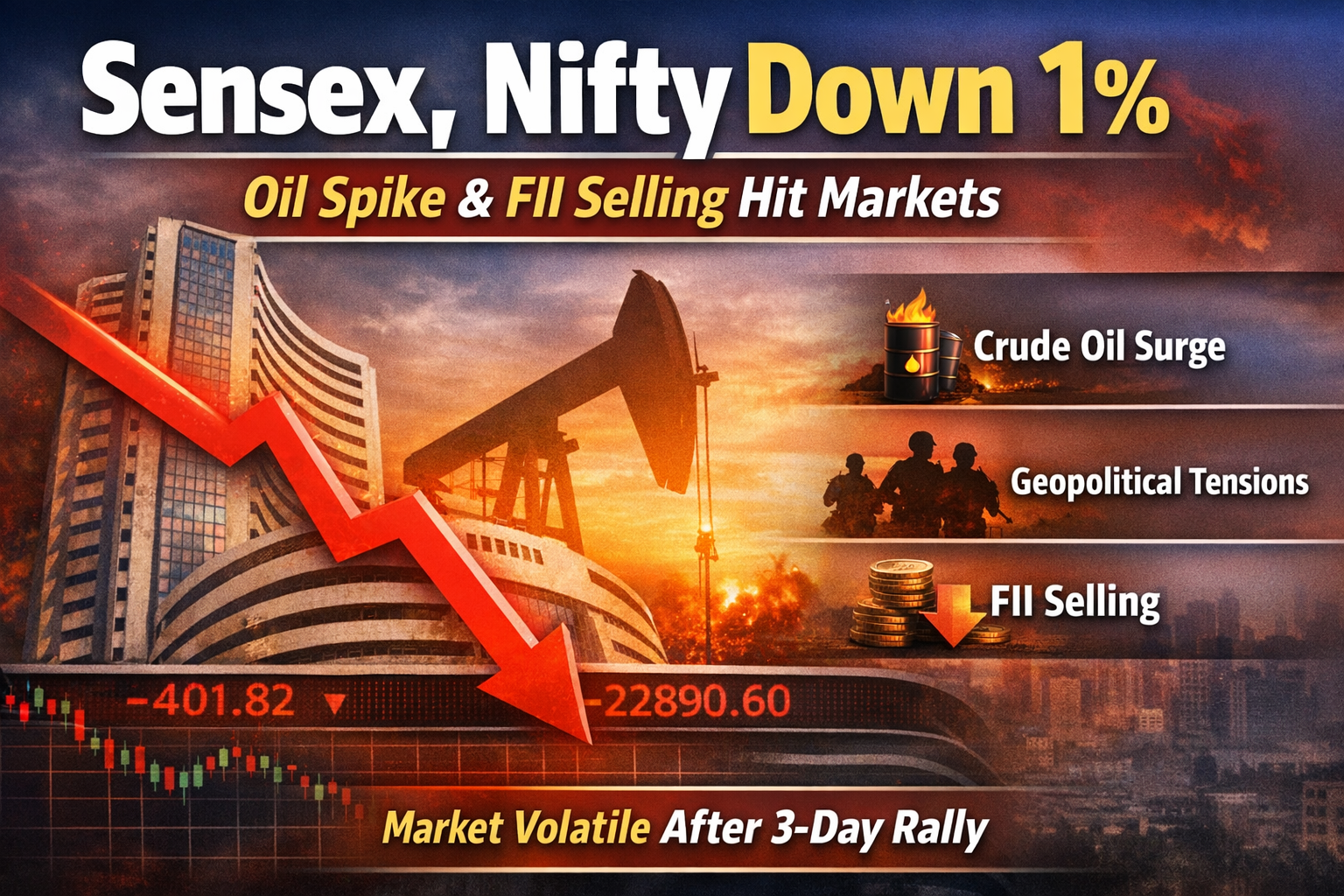 You are currently viewing Sensex & Nifty Fall 1% After Rally | Oil Prices & FII Selling Impact Market