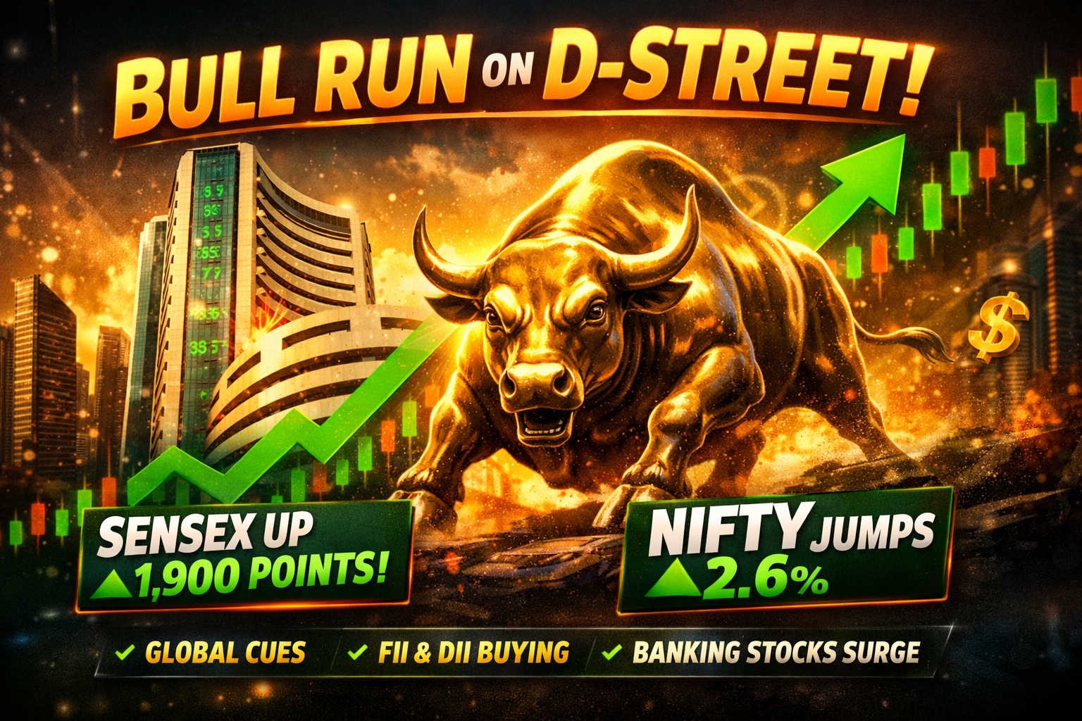 You are currently viewing Bull Run on D-Street: Sensex Jumps 1,900 Points, Nifty Surges 2.6% – Key Reasons Explained